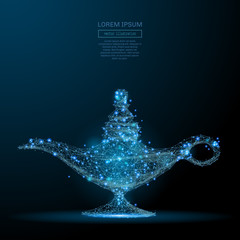 Polygonal magic lamp isolated on dark background. Low poly vector illustration of a starry sky or Comos. Digital images consists of lines, dots and destruct shapes. - obrazy, fototapety, plakaty