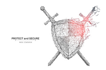 Abstract polygonal Shield and Swords isolated on white background. Low poly wireframe vector illustration. Protect and secure concept digital concept mash line and point with destruct shapes.