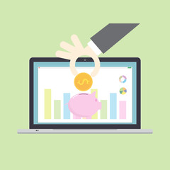 Flat design concepts for business,hand put coin on piggy, stock market, online investing,