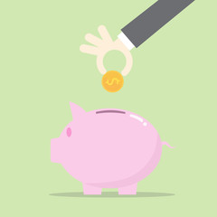Flat design concepts for business,hand put coin on piggy, investing saving concept,