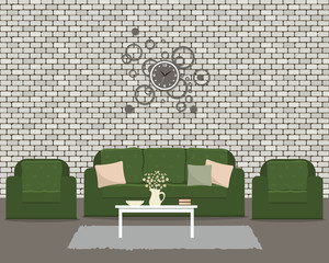 Living room with green furniture and round clock. There is a sofa and two armchairs on a brick wall background in the picture. There is also a table with flowers here. Vector flat illustration
