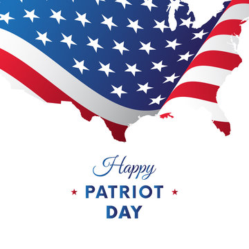 Happy Patriot Day sticker or banner. Red gradient background. Waving flag. USA map. Vector illustration.