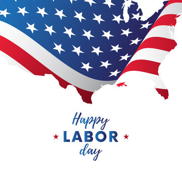 Happy Labor Day sticker or banner. Red gradient background. Waving flag. USA map. Vector illustration.