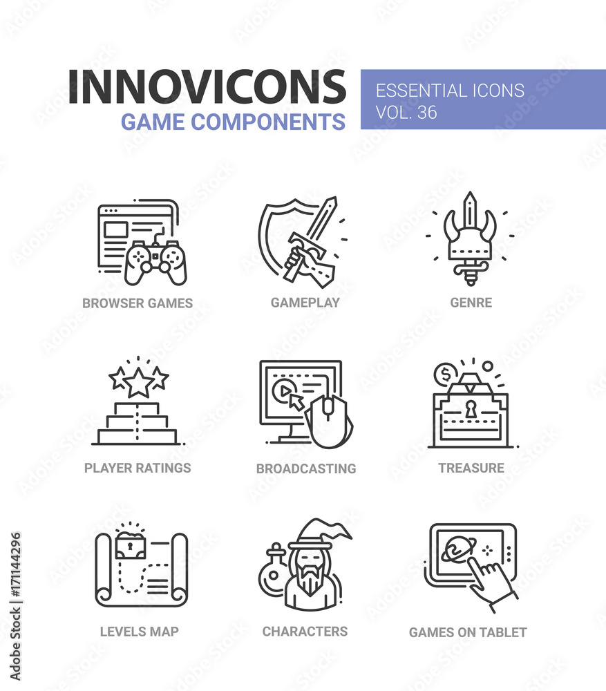 Poster game components - modern vector line design icons set.