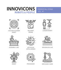 Robots and People - modern vector line design icons set