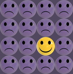 Business concept as a group of purple sad emoticons and with one individual yellow smiley
