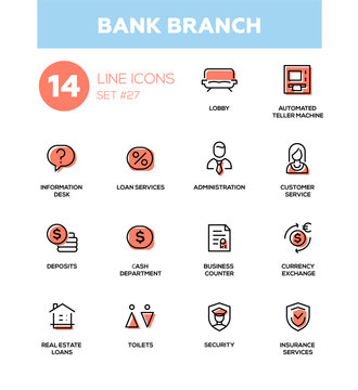 Bank branch - modern vector single line icons set.