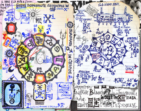 Manoscritti alchemici e misteriosi con graffiti,tarocchi,schizzi,disegni e simboli esoterici,astrologici e alchemici