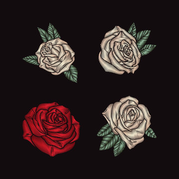 Roses embroidery on black background.