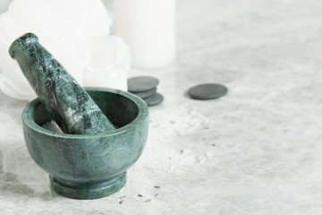 Spa Room. Aroma Salt. Mortar. Dried Lavender Flowers. Toiletries.
