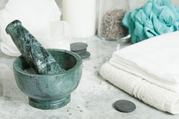Spa Room. Aroma Salt. Mortar. Dried Lavender Flowers. Toiletries.