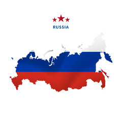 Obraz premium Banner or poster of Russia independence day celebration. Russia map. Waving flag. Vector illustration.