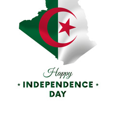 Banner or poster of Algeria independence day celebration. Algeria map. Waving flag. Vector illustration.