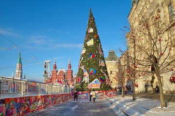 Moscow, Russia - December 16, 2016: Christmas tree on Red square near the Gum