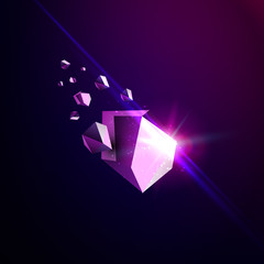 Falling beauty stone, space debris, violet collapsing asteroid, vector 3D illustration. Isolated unusual logo template. © artyway