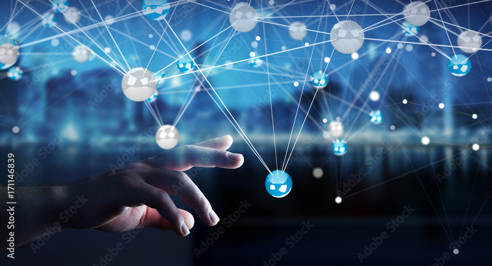 Leinwandbilder businesman using flying network balls connection 3d rendering