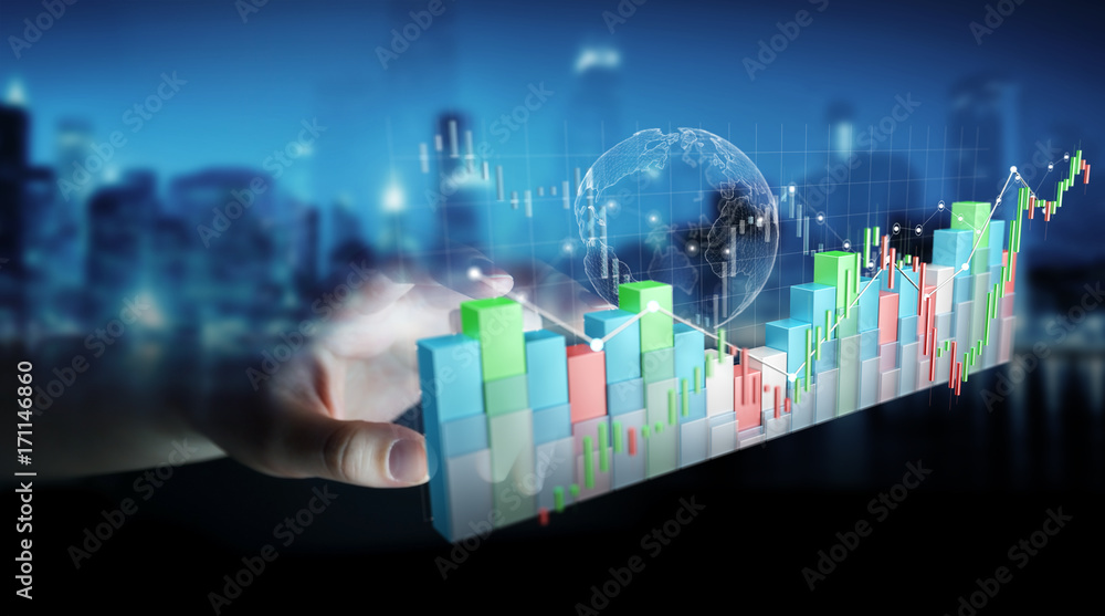 Poster businessman using digital 3d rendered stock exchange stats and charts