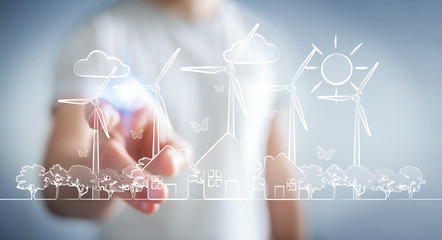Businessman touching renewable energy sketch