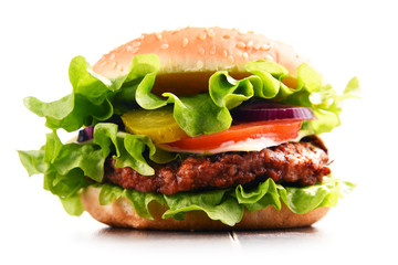 Homemade hamburger with cheese and fresh vegetables