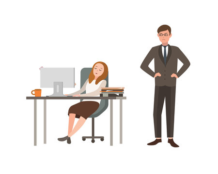 Woman office worker sits at desk with computer and sleeps, his boss angrily looks at him. Concept of fatigue at work. Cartoon vector illustration