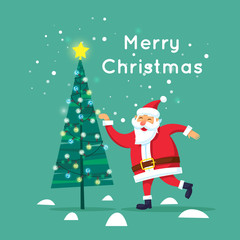 Merry Christmas and Happy New Year. Santa Claus near the Christmas tree. Characters. Flat design vector illustration.