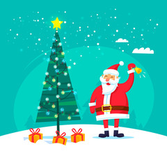 Merry Christmas and Happy New Year. Santa Claus with presents near the Christmas tree. Characters. Flat design vector illustration.