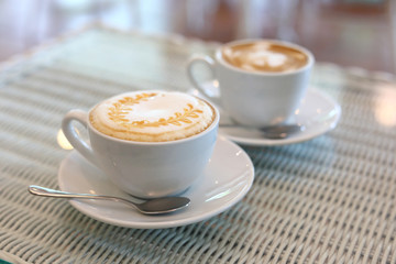 caramel macchiato and latte hot coffee drink tasty in cafe restaurant