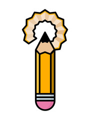 Thin line sharpened lead pencil icon with shavings around. Simple linear logo for drawing, office work, studying. Sharp pencil with eraser isolated on white background