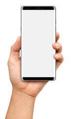 Hand holding and Touch on Black Smartphone on white background