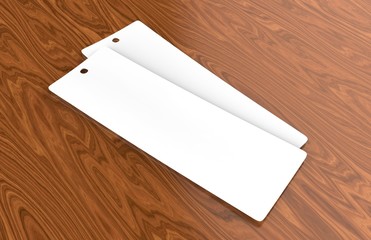 White blank tag or label and bookmark or bookmaker on wooden floor for template design and mock up. 3d render illustration.