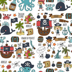 Fototapeta na wymiar Vector seamless pattern Pirate party for children Kindergarten Kids children drawing style illustration Picutre with pirate, whale, treasure island, treasure map, skulls, flag, ship Birthday party