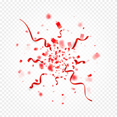 Red color scattered confetti and ribbons explosion. Carnival,holiday,event,birthday,anniversary,festival,fiesta and party design decor template on transparent background, vector illustration