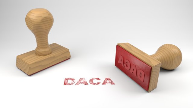 Two rubber stamps with the word DACA and a stamp on white