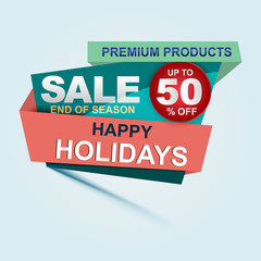 Happy Holiday Sale poster, banner. Big sale, clearance up to 50% off. Sale banner template design.