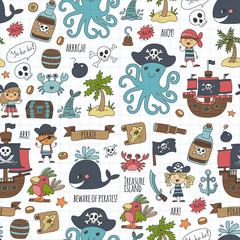 Vector seamless pattern Pirate party for children Kindergarten Kids children drawing style illustration Picutre with pirate, whale, treasure island, treasure map, skulls, flag, ship Birthday party