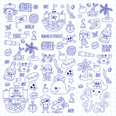 Obraz premium Vector Pirate party for children Kindergarten Kids children drawing style illustration Picutre with pirate, whale, treasure island, treasure map, skulls, flag, ship Birthday party
