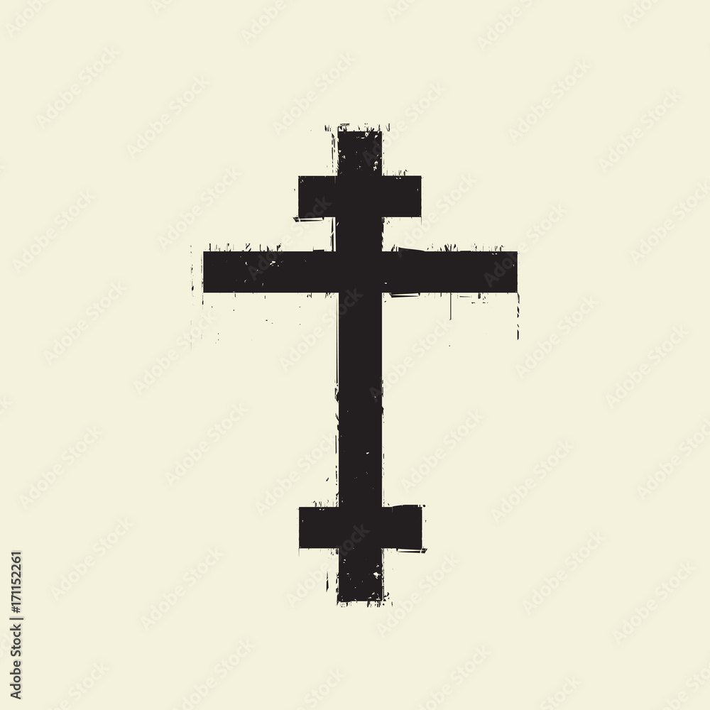 Poster vector sign of black cross with splashes and drips on an abstract background in grunge style