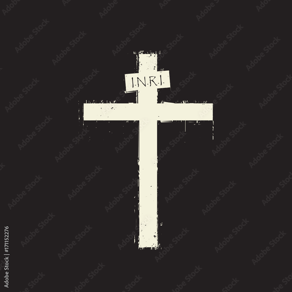 Poster vector sign of light cross with splashes and drips on an abstract background in grunge style