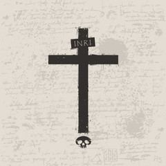 Vector sign of dark cross with a skull and spray droplets on the background of manuscript with blots in grunge style