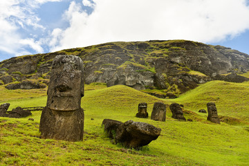 Moai statues in the Rano Raraku Volcano in Easter Island, Chile