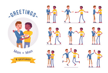 Naklejka premium Young men greeting character set, various poses