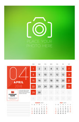 Wall Calendar Template for 2018 Year. April. Vector Design Print Template with Place for Photo. Week starts on Sunday