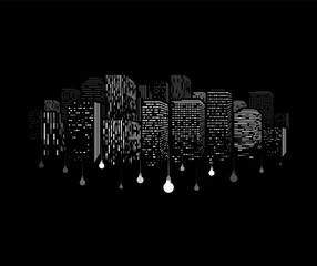 Windows of buildings silhouette with dangling light bulbs. White skyscraper pattern on black background. Downtown electricity print concept.