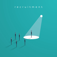 Recruitment or headhunting business concept vector with one businessman in spotlight as symbol of search for skillful and talented workers. - obrazy, fototapety, plakaty