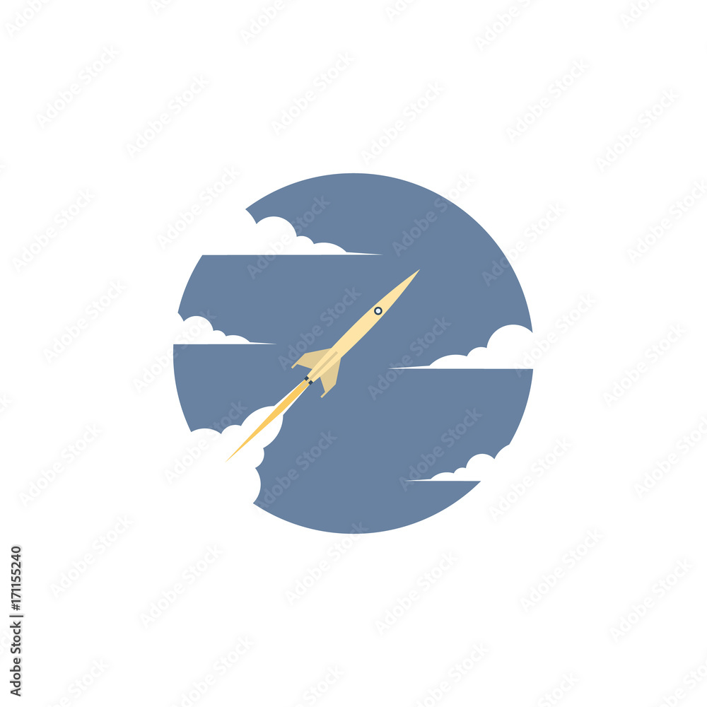Poster business startup concept vector with sleek rocket or spaceship symbol flying through the clouds.