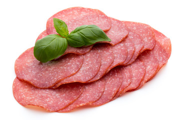 Salami slices isolated on white background.