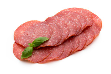 Salami slices isolated on white background.