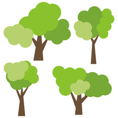 Set of four different cartoon green trees isolated on white background. Vector illustration
