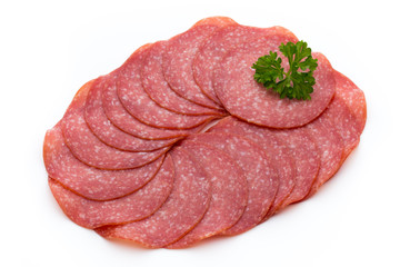 Salami slices isolated on white background.