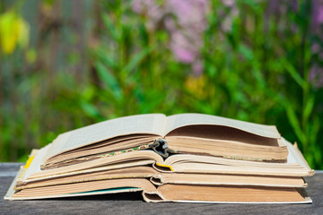 a stack of books lies on a wooden table on a background of nature